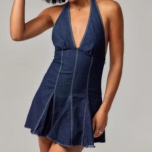 denim halter neck mini dress